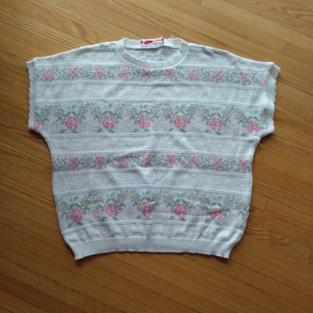 Vintage 90s Floral Sweater Vest 44" Bust Roses Grandma Nana Preppy Cottagecore